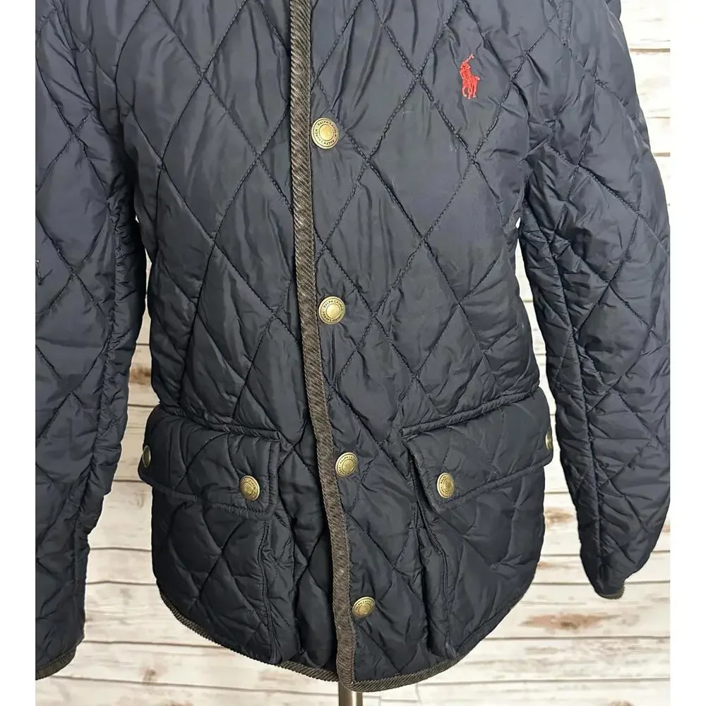 Polo Ralph Lauren black quilted barn snap front hooded jacket Size L (14-16)